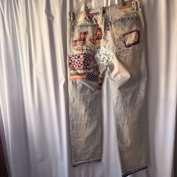 MNML Patchwork Denim Jeans Light Blue Wash Fabric Patches Button Fly Men's 36 - Picture 11 of 16